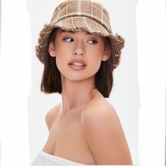 Frayed Woven Bucket Hat allover plaid pattern wide brim, and frayed raw-cut Trim - Picture 4 of 5